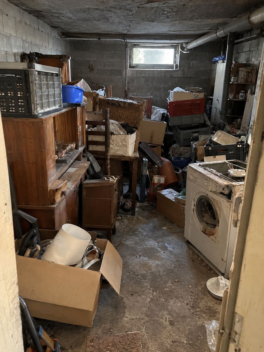 Cave en béton encombrée de vieux meubles, de bacs en plastique, d’une machine à laver hors d’usage et d’objets entassés