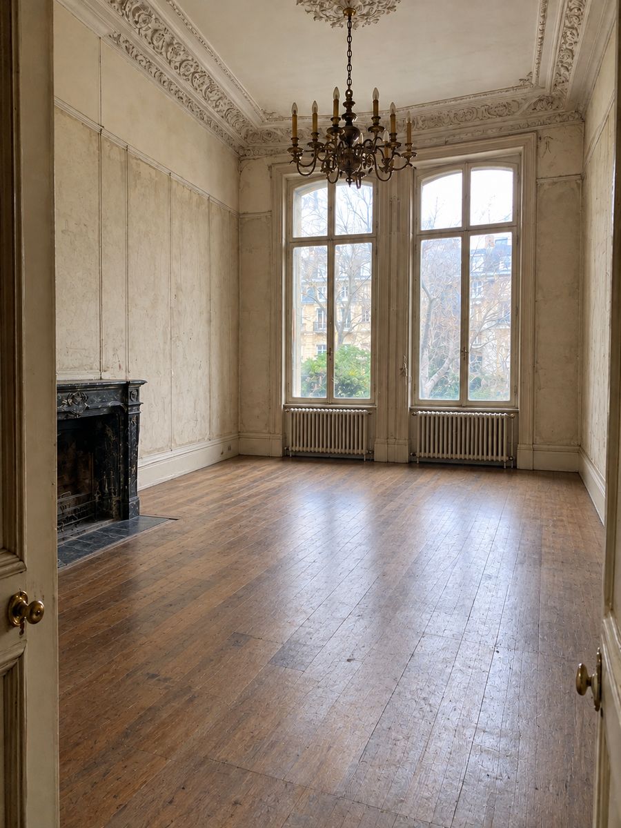 Le salon de la maison de maître vidé, moulures et parquet dégagés, pièce claire et vide